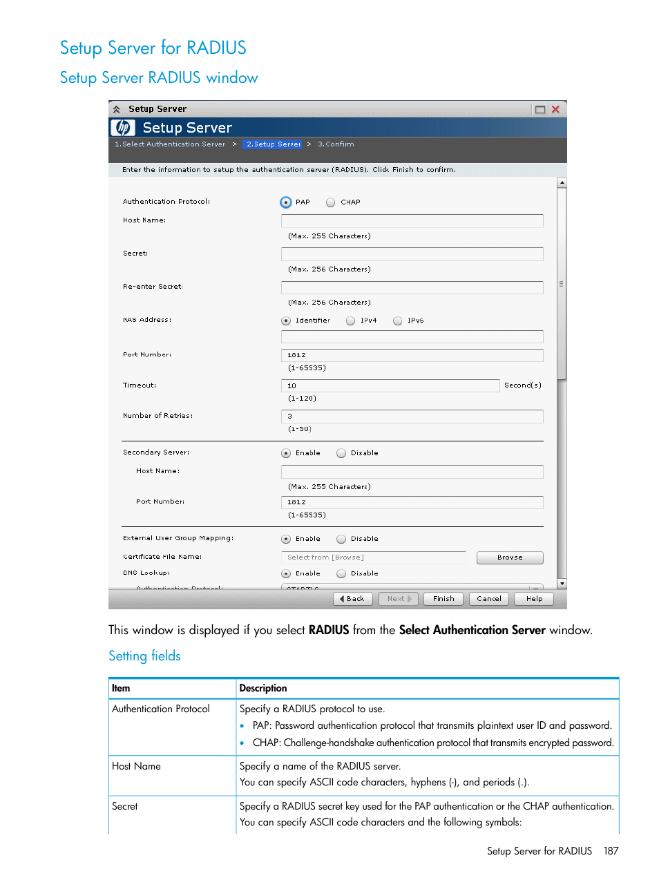 Setup server for radius, Setup server radius window, Setting fields | HP XP P9500 Storage User Manual | Page 187 / 233