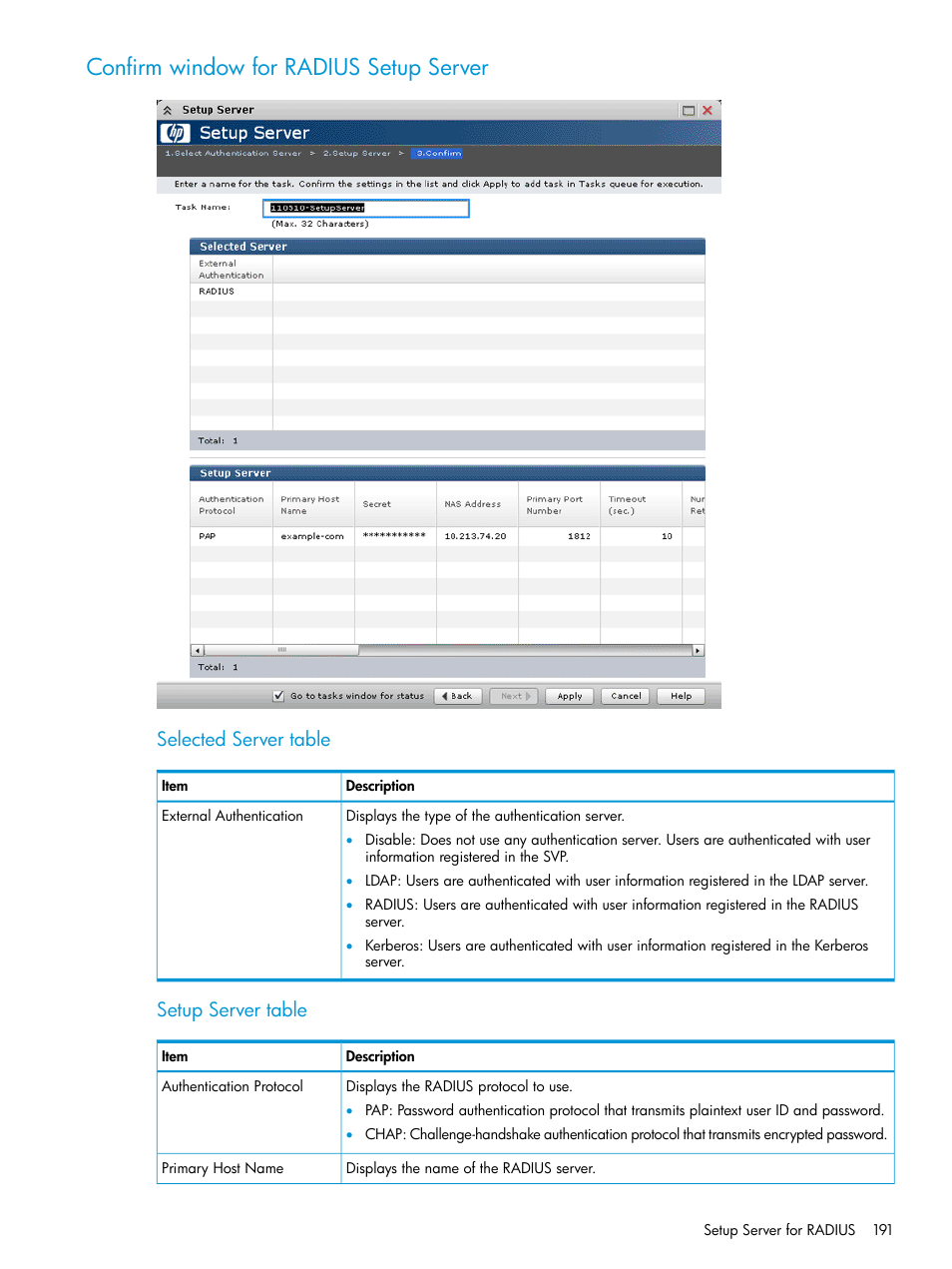 Confirm window for radius setup server, Selected server table, Setup server table | HP XP P9500 Storage User Manual | Page 191 / 233