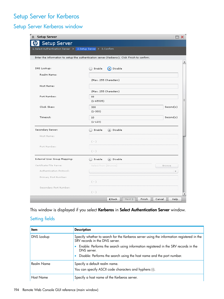 Setup server for kerberos, Setup server kerberos window, Setting fields | HP XP P9500 Storage User Manual | Page 194 / 233