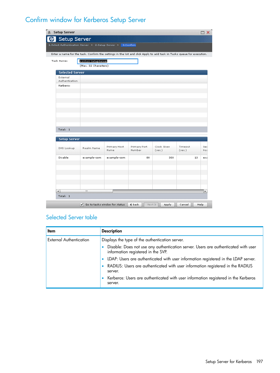 Confirm window for kerberos setup server, Selected server table | HP XP P9500 Storage User Manual | Page 197 / 233