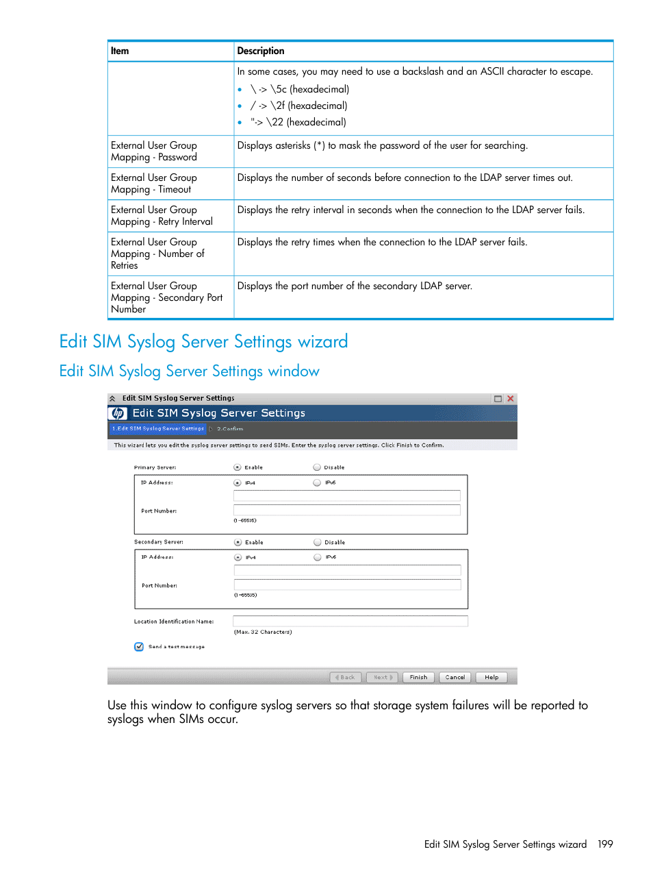 Edit sim syslog server settings wizard, Edit sim syslog server settings window | HP XP P9500 Storage User Manual | Page 199 / 233