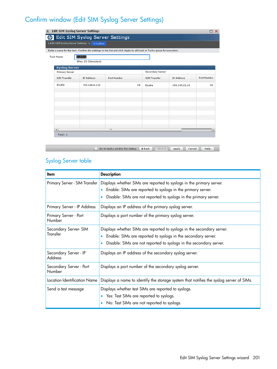 Confirm window (edit sim syslog server settings), Syslog server table | HP XP P9500 Storage User Manual | Page 201 / 233