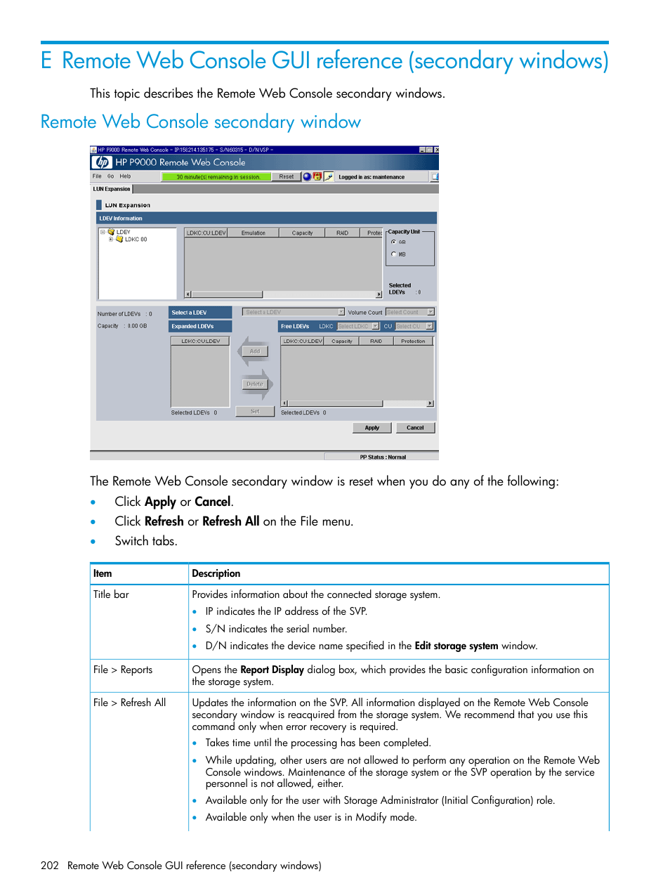 Remote web console secondary window | HP XP P9500 Storage User Manual | Page 202 / 233