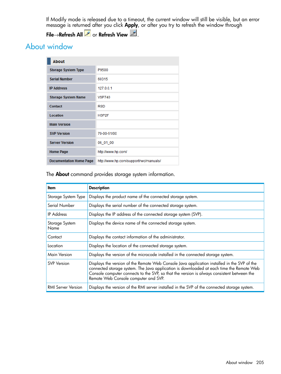 About window | HP XP P9500 Storage User Manual | Page 205 / 233