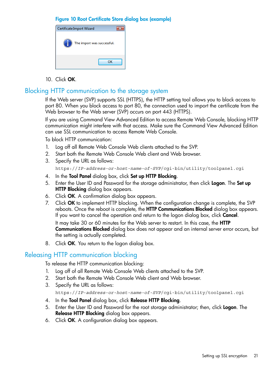 Blocking http communication to the storage system, Releasing http communication blocking | HP XP P9500 Storage User Manual | Page 21 / 233