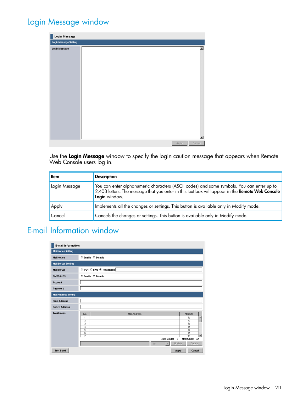 Login message window, E-mail information window, Login message window e-mail information window | HP XP P9500 Storage User Manual | Page 211 / 233