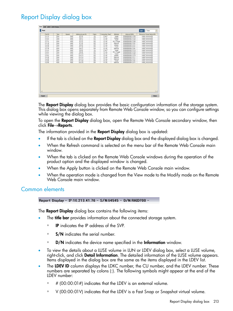 Report display dialog box, Common elements | HP XP P9500 Storage User Manual | Page 213 / 233