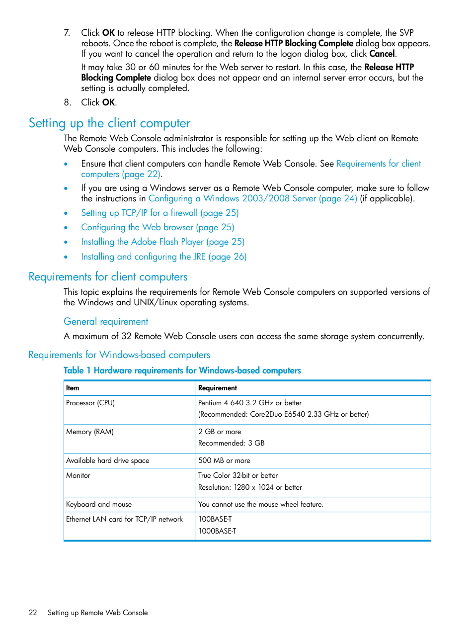 Setting up the client computer, Requirements for client computers, Requirements for windows-based computers | HP XP P9500 Storage User Manual | Page 22 / 233