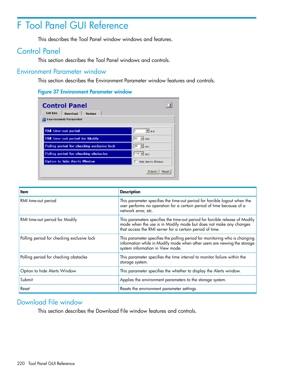 F tool panel gui reference, Control panel, Environment parameter window | Download file window, Environment parameter window download file window | HP XP P9500 Storage User Manual | Page 220 / 233