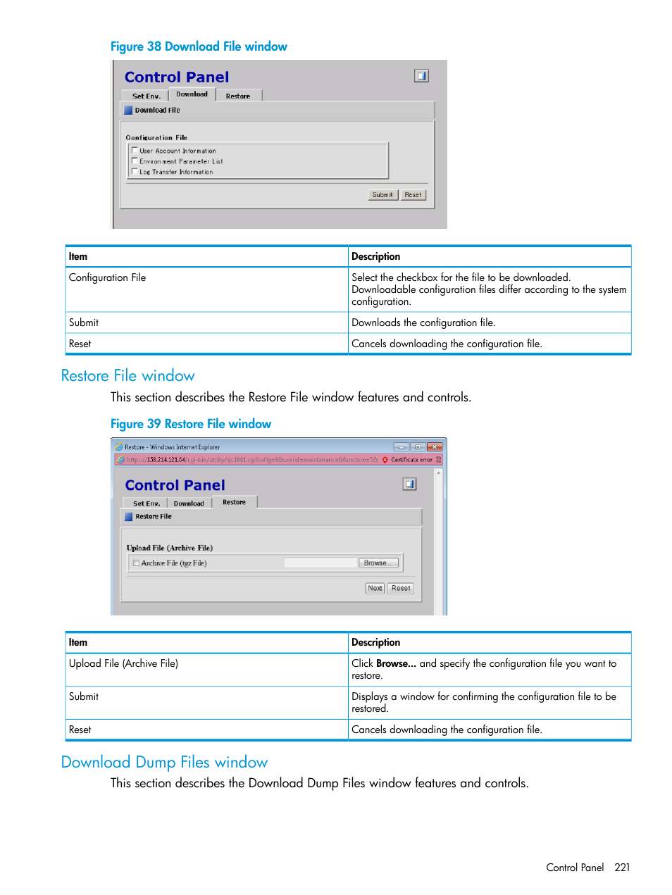 Restore file window, Download dump files window, Restore file window download dump files window | HP XP P9500 Storage User Manual | Page 221 / 233