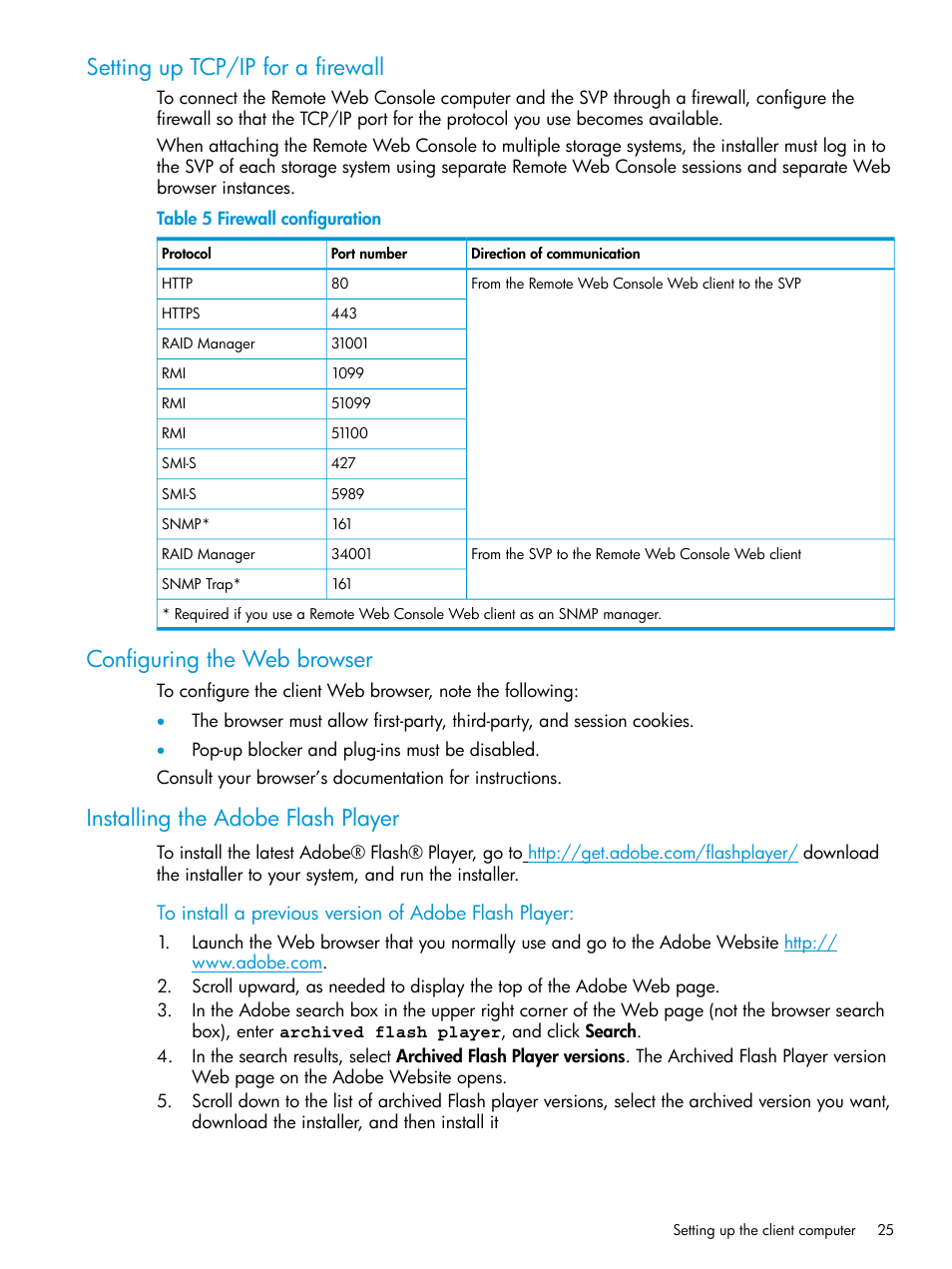 Setting up tcp/ip for a firewall, Configuring the web browser, Installing the adobe flash player | HP XP P9500 Storage User Manual | Page 25 / 233