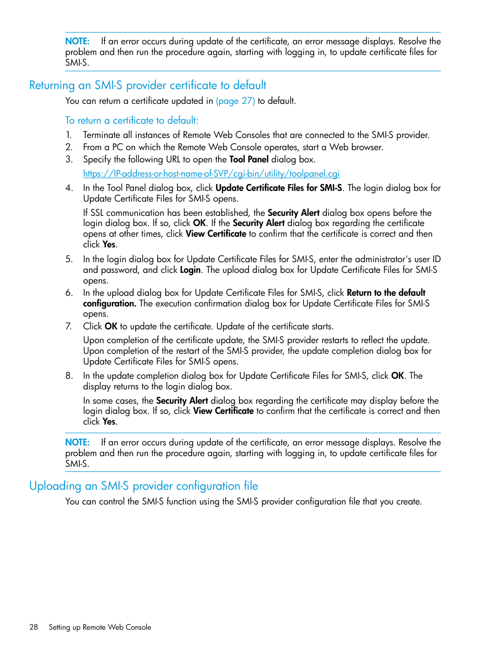 Returning an smi-s provider certificate to default, Uploading an smi-s provider configuration file | HP XP P9500 Storage User Manual | Page 28 / 233