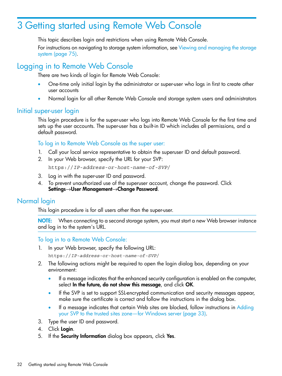 3 getting started using remote web console, Logging in to remote web console, Initial super-user login | Normal login, Initial super-user login normal login | HP XP P9500 Storage User Manual | Page 32 / 233