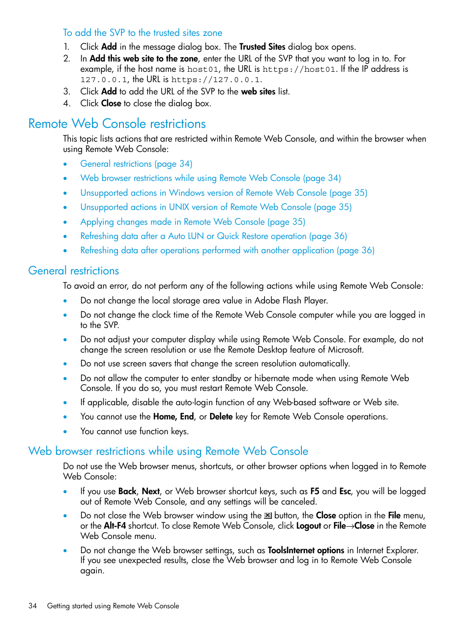 Remote web console restrictions, General restrictions | HP XP P9500 Storage User Manual | Page 34 / 233