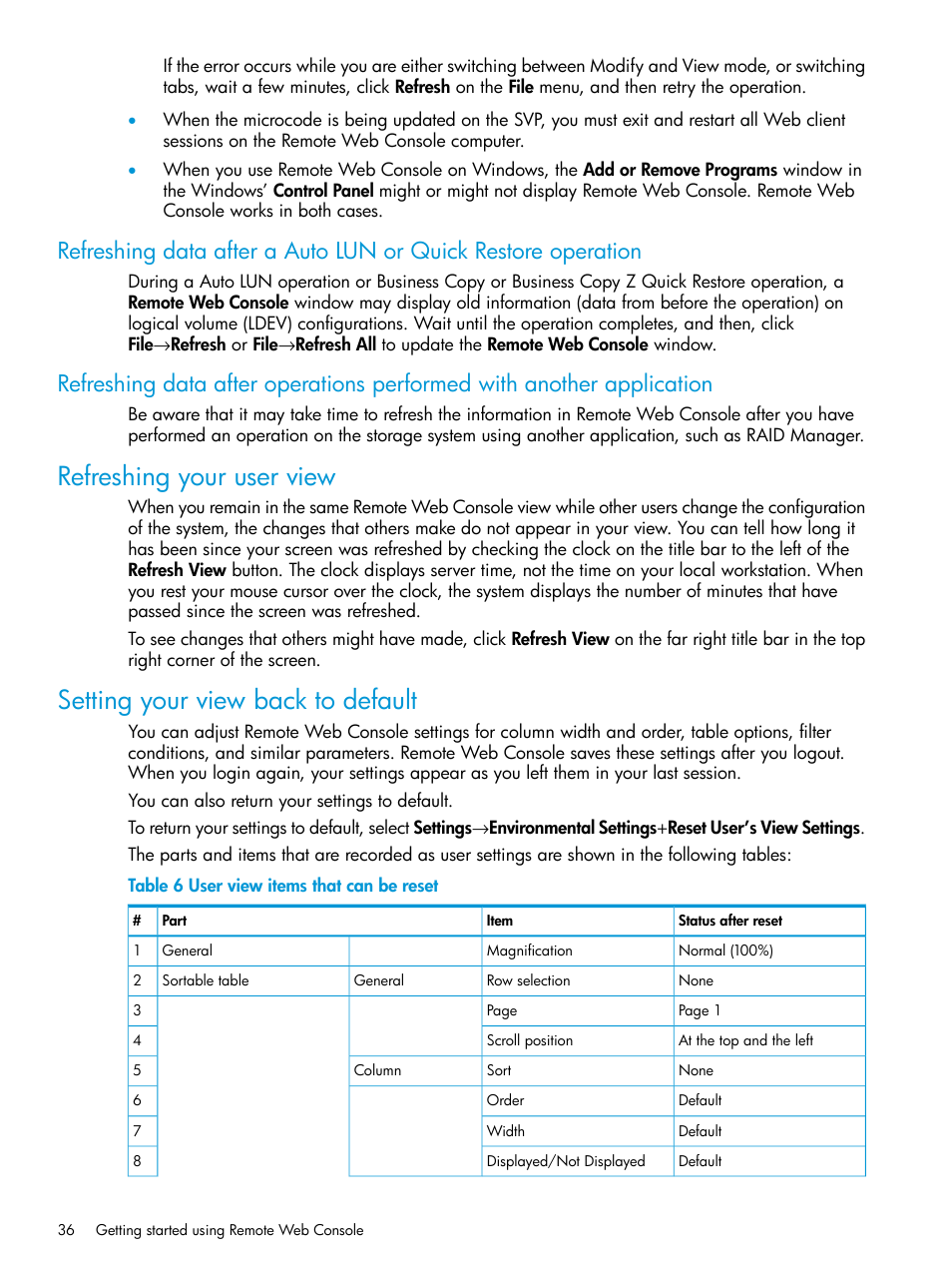 Refreshing your user view, Setting your view back to default | HP XP P9500 Storage User Manual | Page 36 / 233