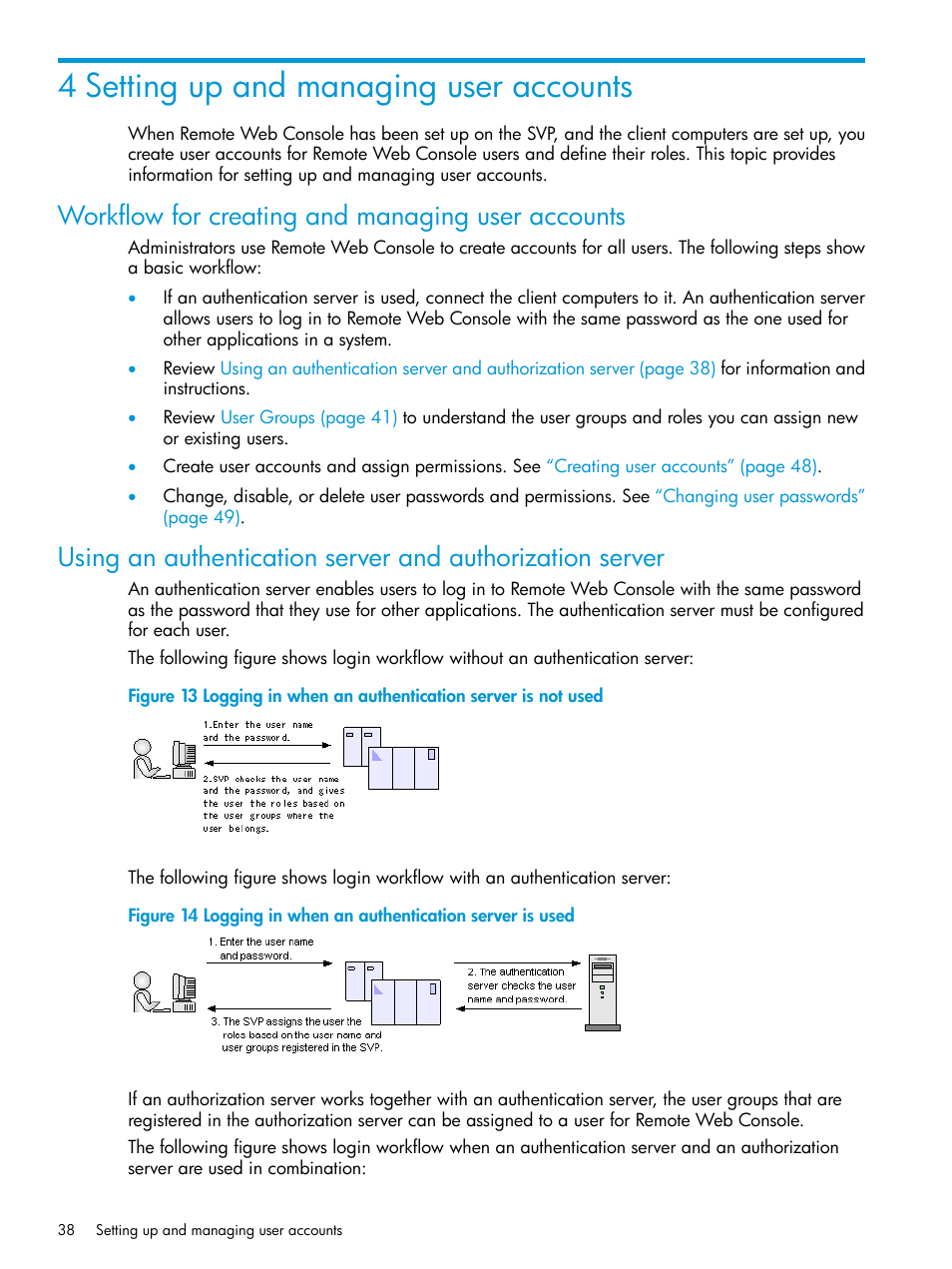 4 setting up and managing user accounts, Workflow for creating and managing user accounts | HP XP P9500 Storage User Manual | Page 38 / 233