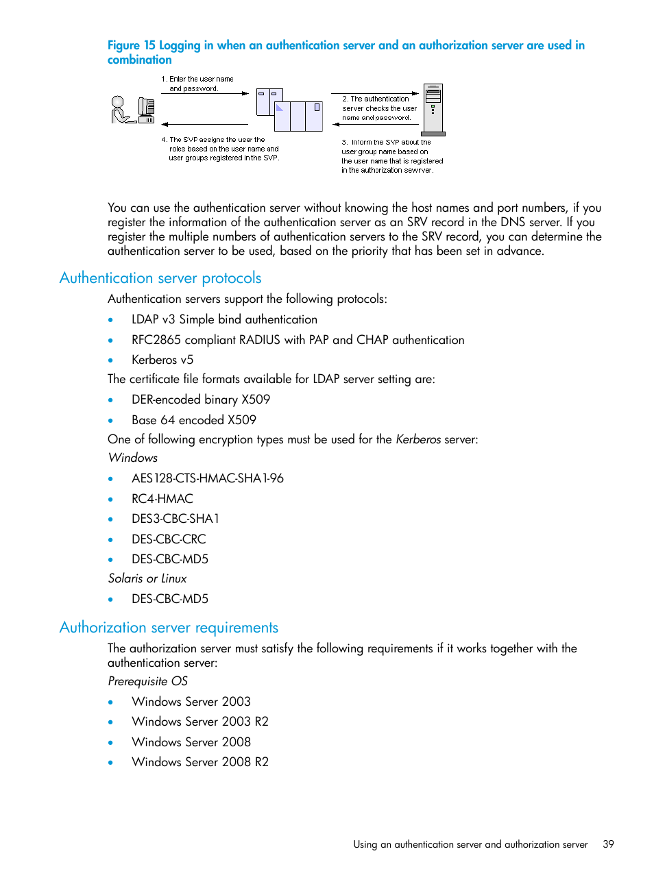 Authentication server protocols, Authorization server requirements | HP XP P9500 Storage User Manual | Page 39 / 233