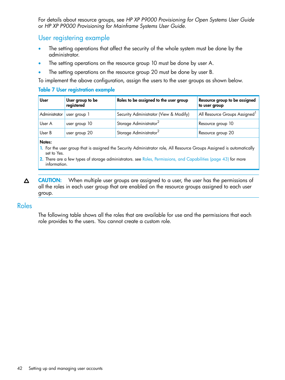 Roles, User registering example | HP XP P9500 Storage User Manual | Page 42 / 233