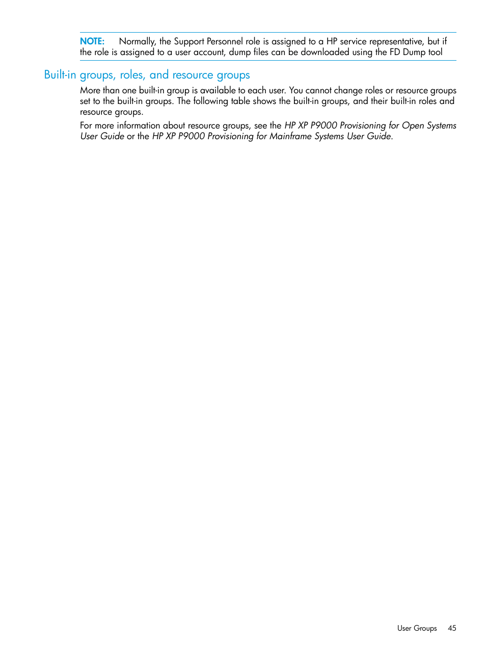 Built-in groups, roles, and resource groups | HP XP P9500 Storage User Manual | Page 45 / 233
