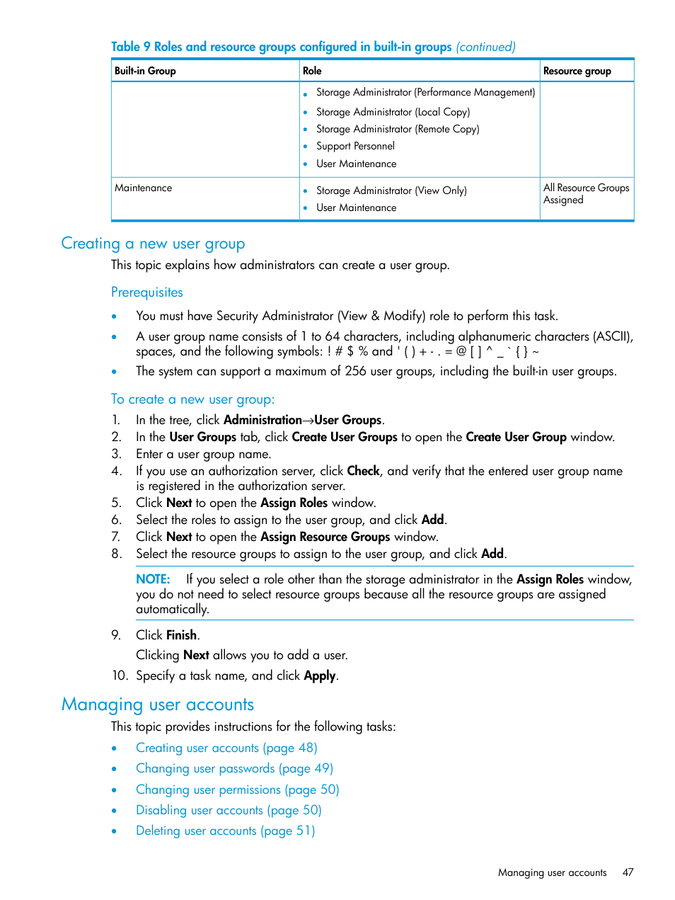 Creating a new user group, Managing user accounts | HP XP P9500 Storage User Manual | Page 47 / 233