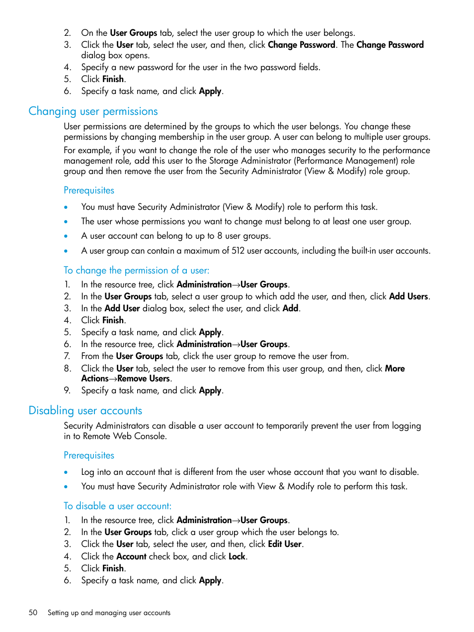 Changing user permissions, Disabling user accounts, Changing user permissions disabling user accounts | HP XP P9500 Storage User Manual | Page 50 / 233