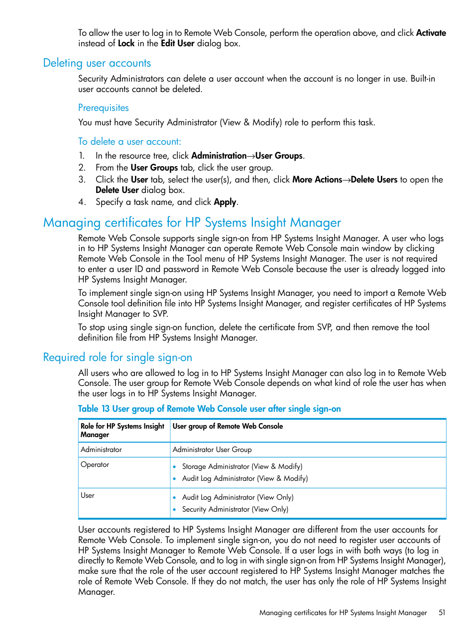 Deleting user accounts, Required role for single sign-on | HP XP P9500 Storage User Manual | Page 51 / 233