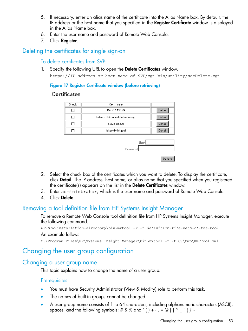 Deleting the certificates for single sign-on, Changing the user group configuration, Changing a user group name | HP XP P9500 Storage User Manual | Page 53 / 233