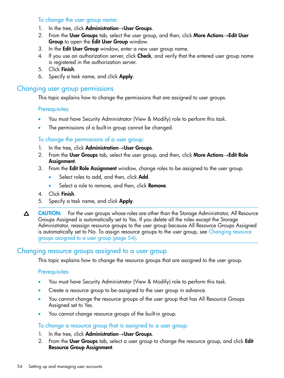 Changing user group permissions, Changing resource groups assigned to a user group | HP XP P9500 Storage User Manual | Page 54 / 233