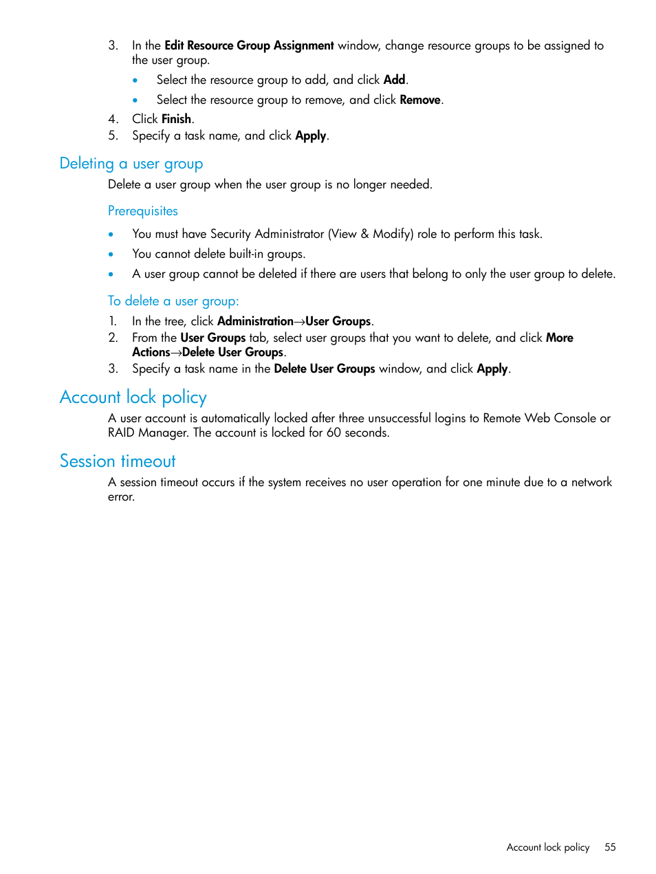 Deleting a user group, Account lock policy, Session timeout | Account lock policy session timeout | HP XP P9500 Storage User Manual | Page 55 / 233