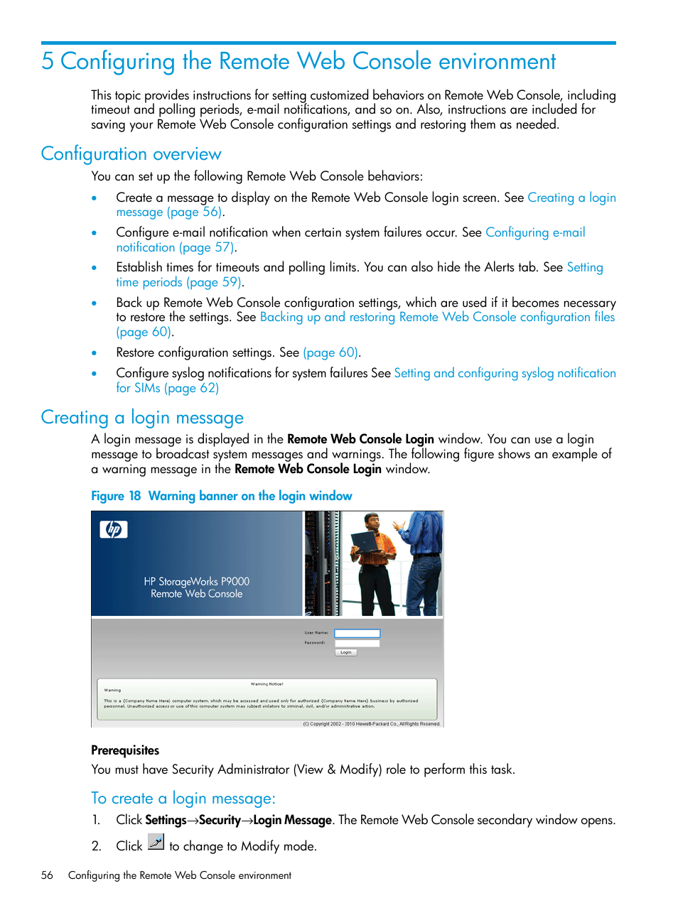 5 configuring the remote web console environment, Configuration overview, Creating a login message | Configuration overview creating a login message, Configuring the remote web console | HP XP P9500 Storage User Manual | Page 56 / 233