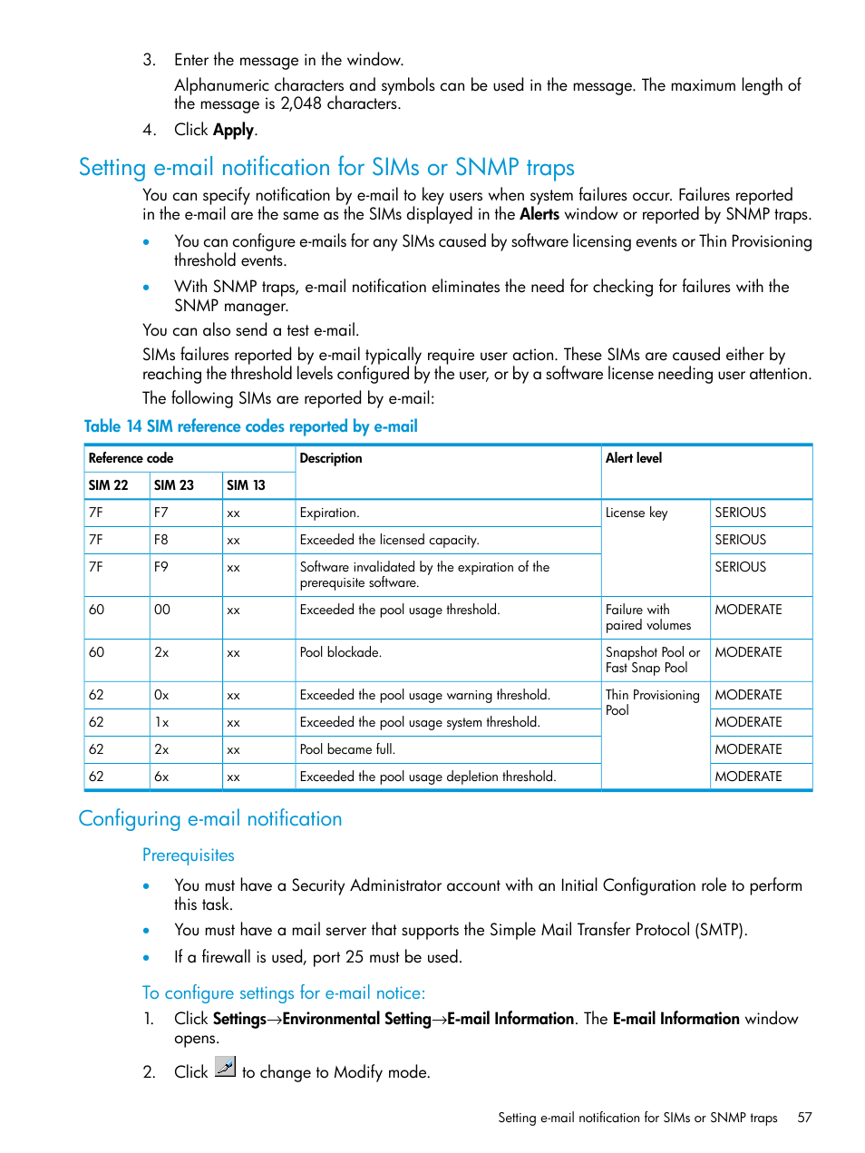 Setting e-mail notification for sims or snmp traps, Configuring e-mail notification, Configuring e-mail | Prerequisites | HP XP P9500 Storage User Manual | Page 57 / 233