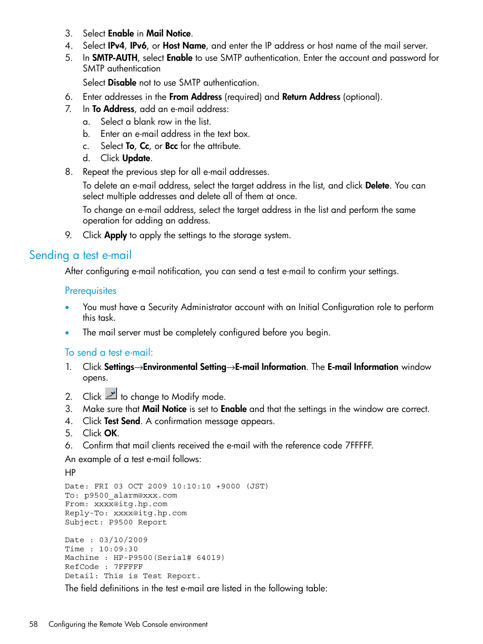 Sending a test e-mail | HP XP P9500 Storage User Manual | Page 58 / 233