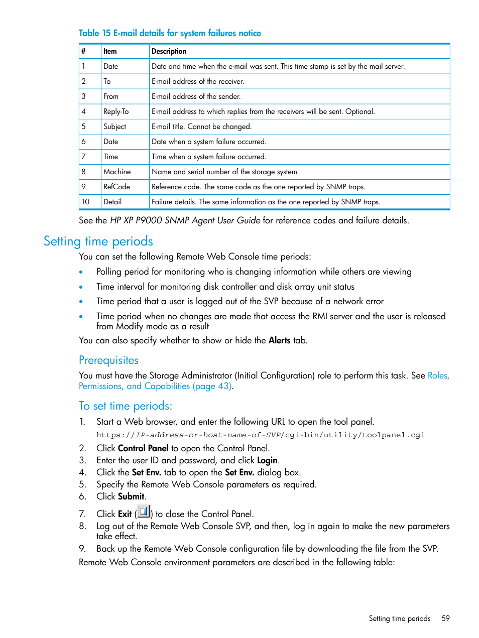 Setting time periods, Setting, Prerequisites | HP XP P9500 Storage User Manual | Page 59 / 233