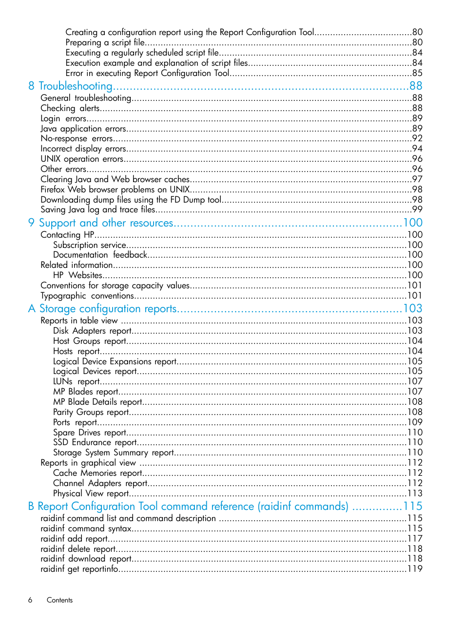 8 troubleshooting, 9 support and other resources, A storage configuration reports | HP XP P9500 Storage User Manual | Page 6 / 233