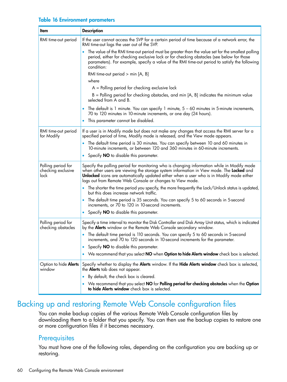 Backing up and restoring remote web console, Prerequisites | HP XP P9500 Storage User Manual | Page 60 / 233