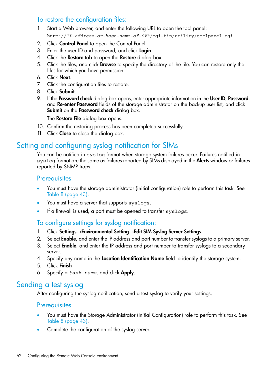 Sending a test syslog, Setting and configuring syslog notification, Prerequisites | HP XP P9500 Storage User Manual | Page 62 / 233