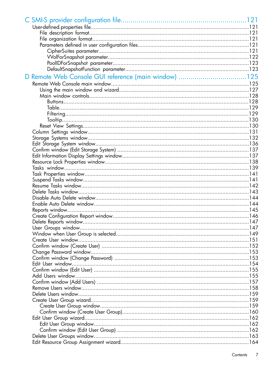 C smi-s provider configuration file, D remote web console gui reference (main window) | HP XP P9500 Storage User Manual | Page 7 / 233