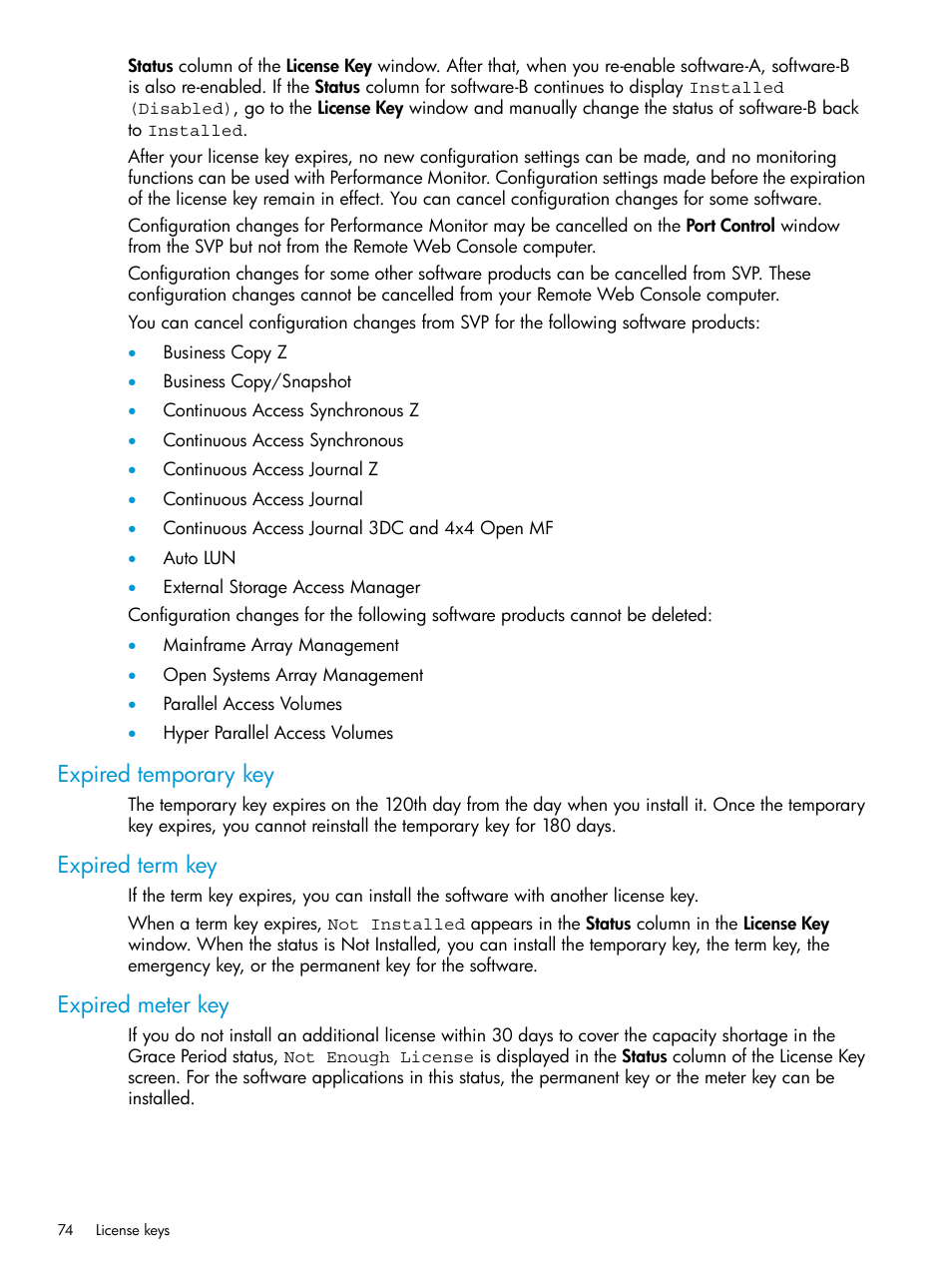 Expired temporary key, Expired term key, Expired meter key | HP XP P9500 Storage User Manual | Page 74 / 233