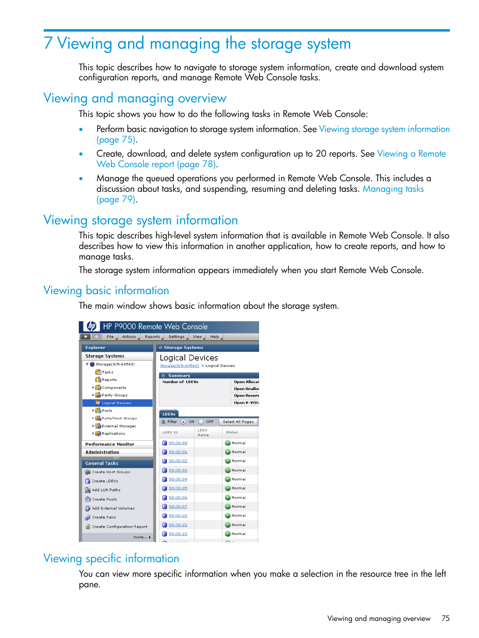 7 viewing and managing the storage system, Viewing and managing overview, Viewing storage system information | Viewing basic information, Viewing specific information, Viewing and managing the storage | HP XP P9500 Storage User Manual | Page 75 / 233