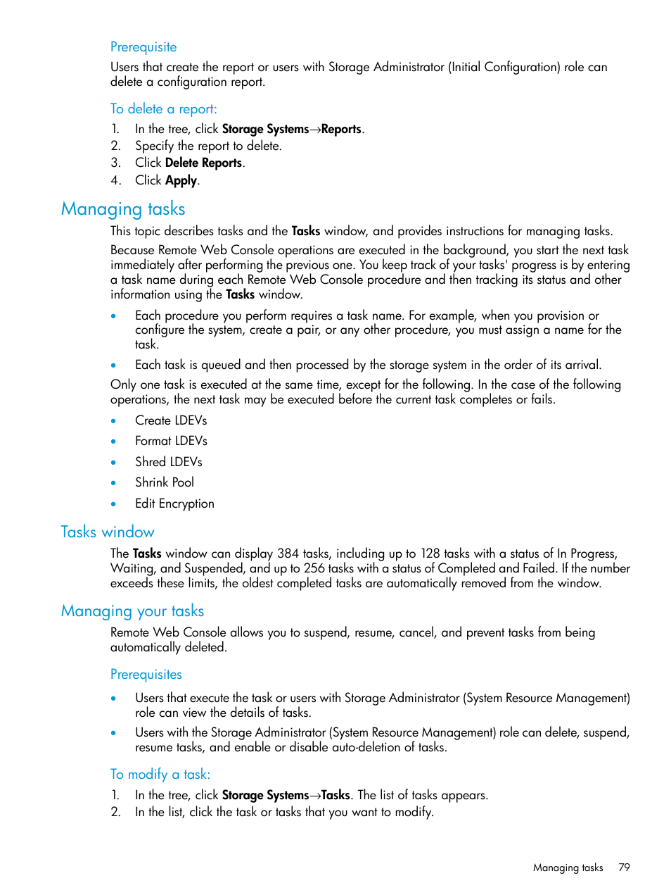 Managing tasks, Tasks window, Managing your tasks | Tasks window managing your tasks | HP XP P9500 Storage User Manual | Page 79 / 233