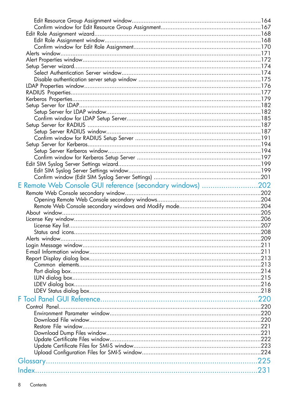 F tool panel gui reference, Glossary index | HP XP P9500 Storage User Manual | Page 8 / 233