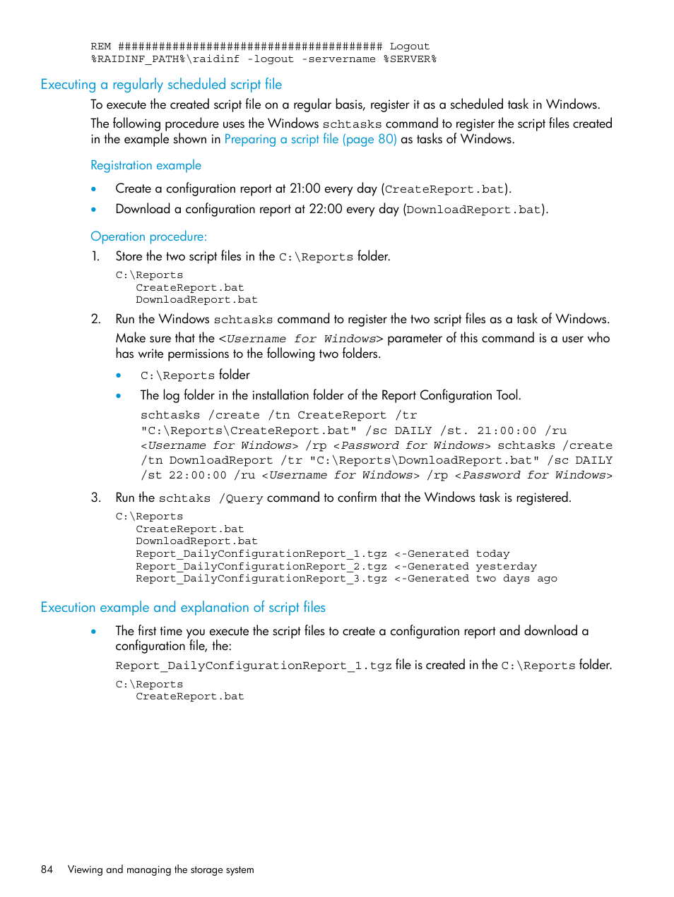 Executing a regularly scheduled script file, Execution example and explanation of script files | HP XP P9500 Storage User Manual | Page 84 / 233