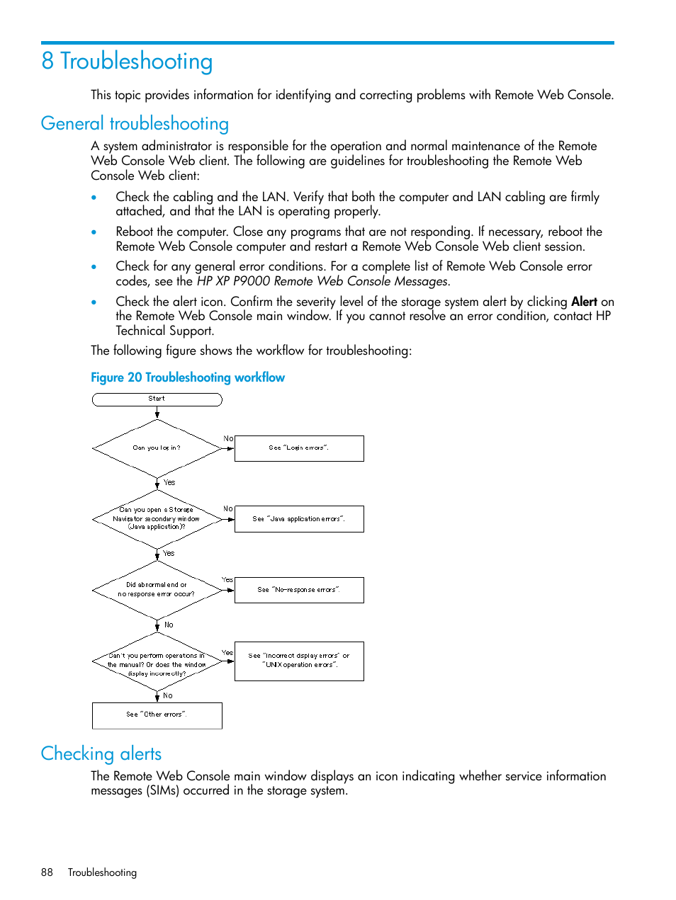 8 troubleshooting, General troubleshooting, Checking alerts | General troubleshooting checking alerts | HP XP P9500 Storage User Manual | Page 88 / 233