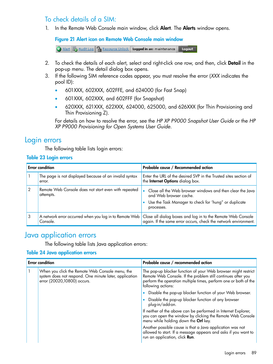 Login errors, Java application errors, Login errors java application errors | HP XP P9500 Storage User Manual | Page 89 / 233