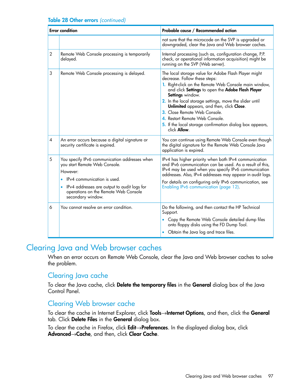 Clearing java and web browser caches, Clearing java cache, Clearing web browser cache | HP XP P9500 Storage User Manual | Page 97 / 233