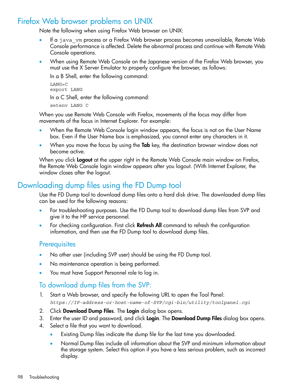 Firefox web browser problems on unix, Downloading dump files using the fd dump tool, Prerequisites | HP XP P9500 Storage User Manual | Page 98 / 233