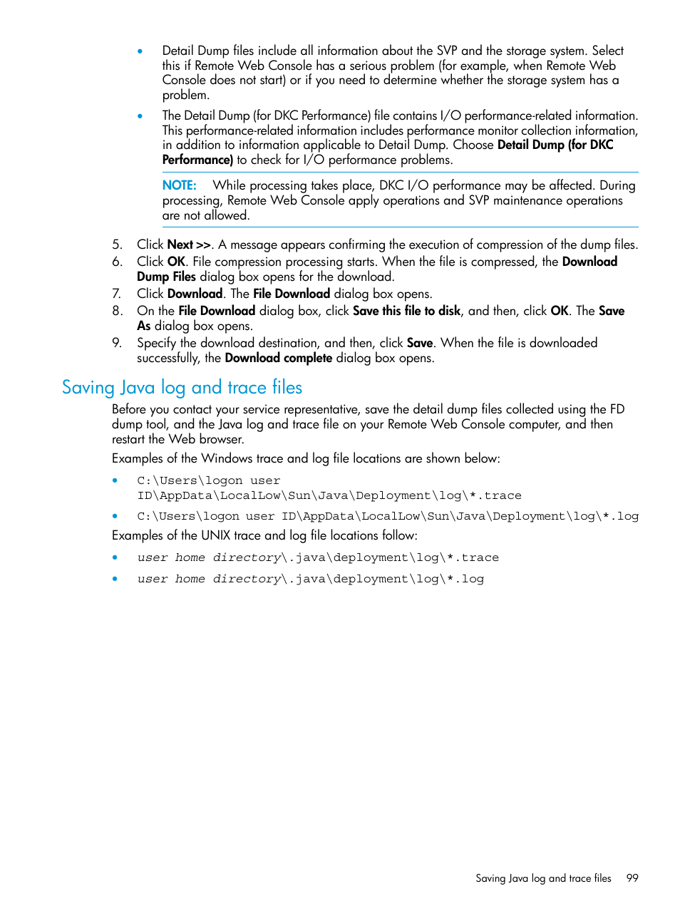 Saving java log and trace files | HP XP P9500 Storage User Manual | Page 99 / 233