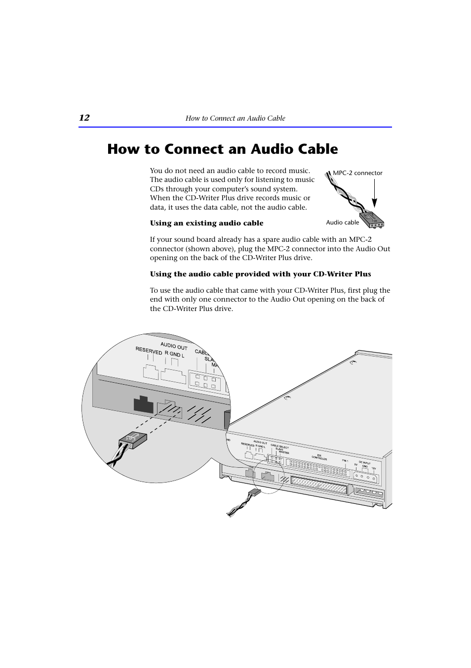 How to connect an audio cable | HP CD-Writer Plus Internal 9110i Drive User Manual | Page 12 / 40