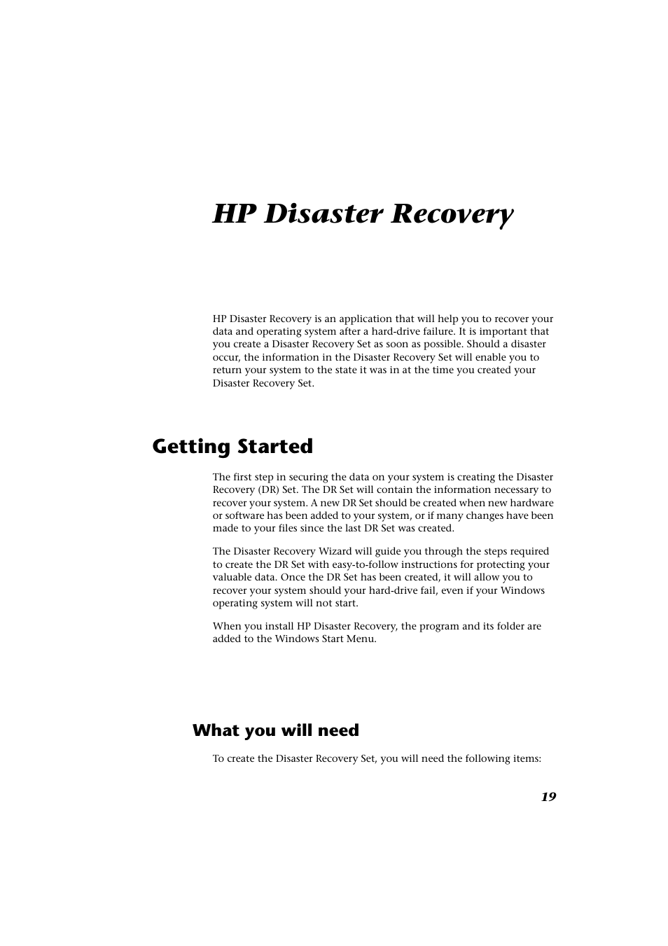 Hp disaster recovery, Getting started, What you will need | HP CD-Writer Plus Internal 9110i Drive User Manual | Page 19 / 40