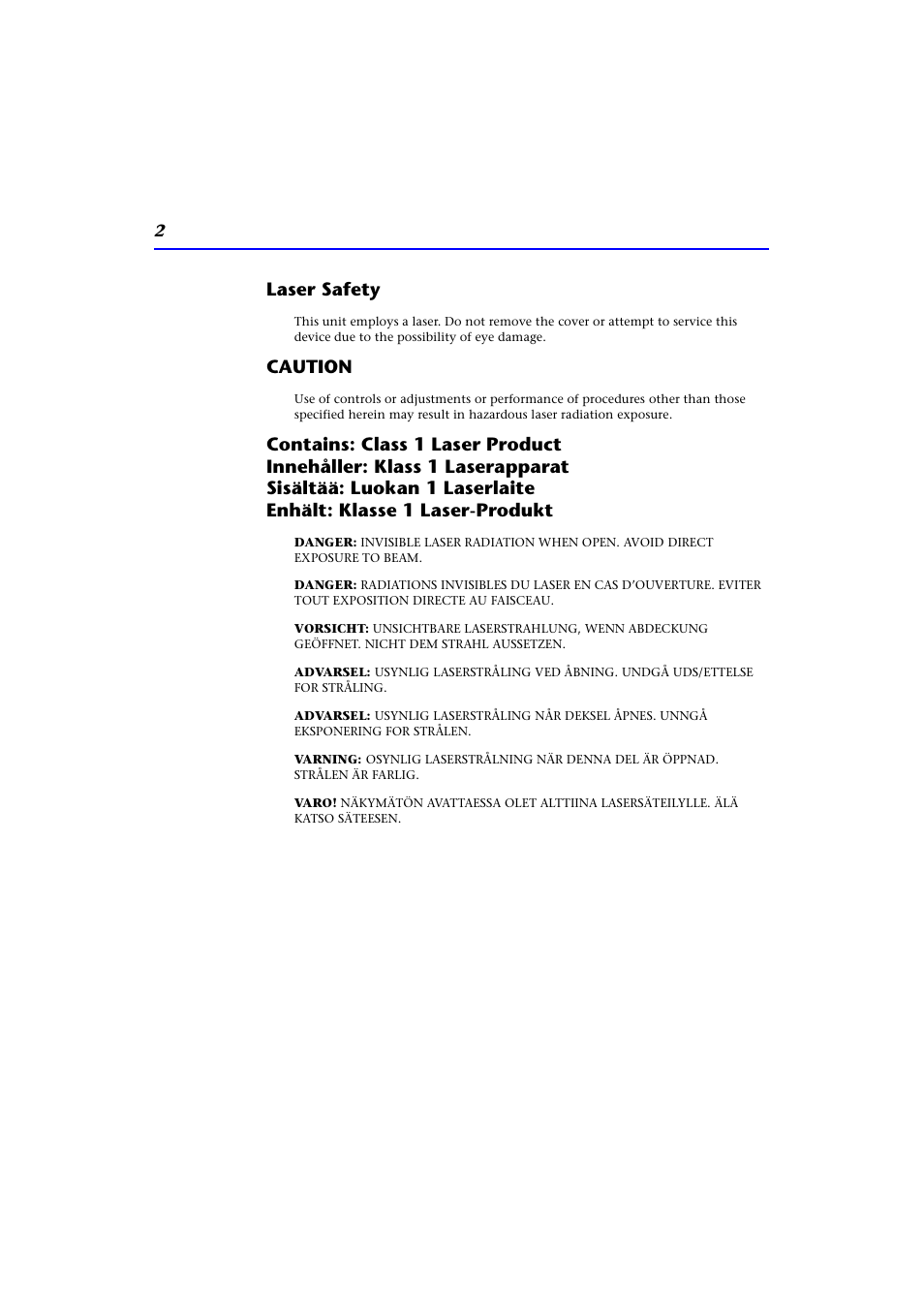 Laser safety, Caution | HP CD-Writer Plus Internal 9110i Drive User Manual | Page 2 / 40